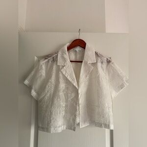 Boxy White Eyelet Button-Up Cropped Blouse Lacy Delicate